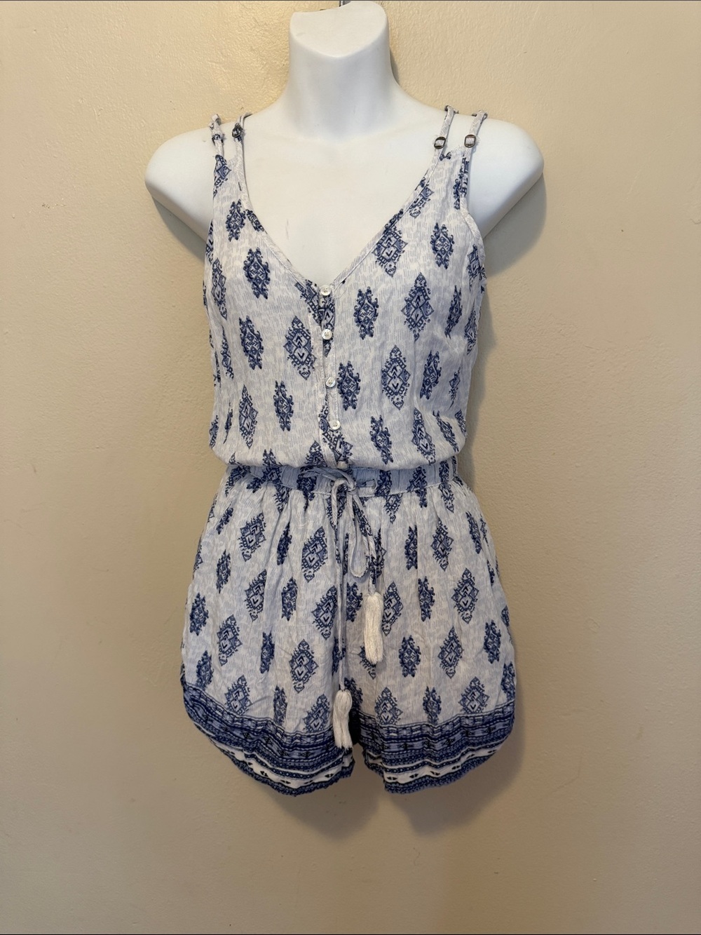 Hollister White Romper with Blue Print